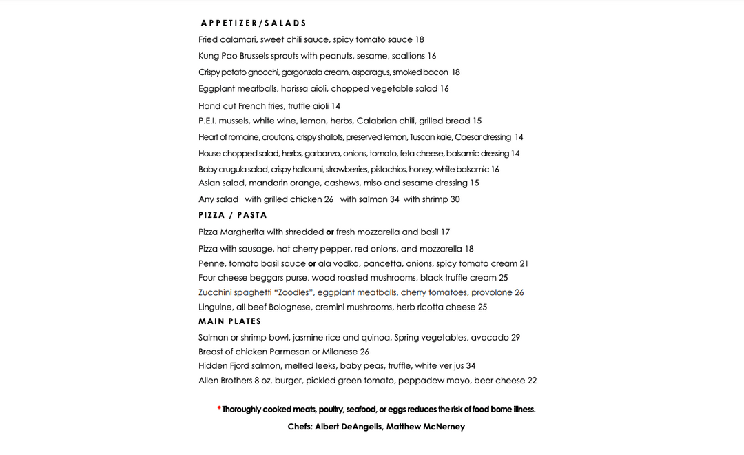 Terra Danbury Restaurant Menu